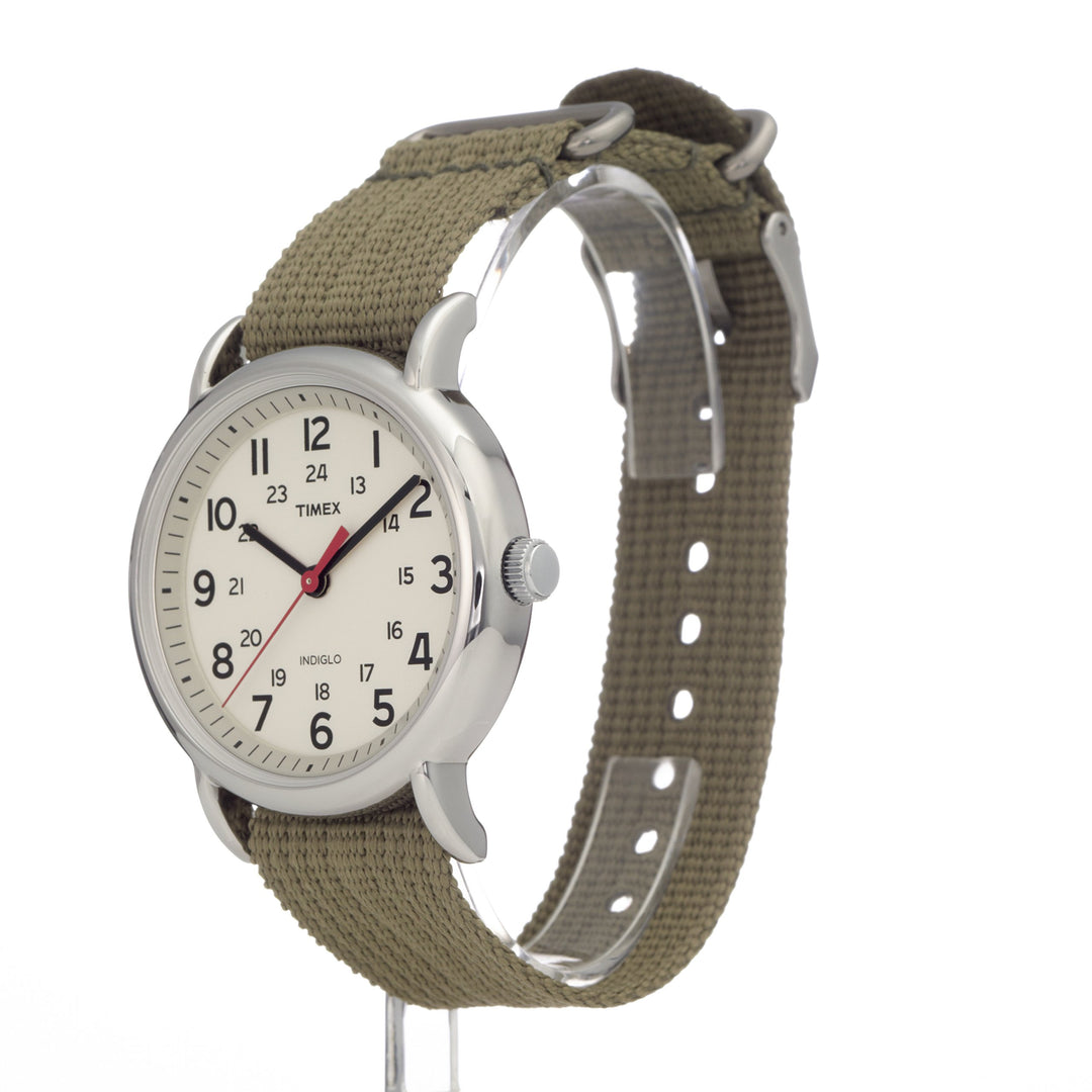 Unisex Weekender 38mm Watch – Silver-Tone Case Cream Dial with Olive Fabric Slip-Thru Strap
