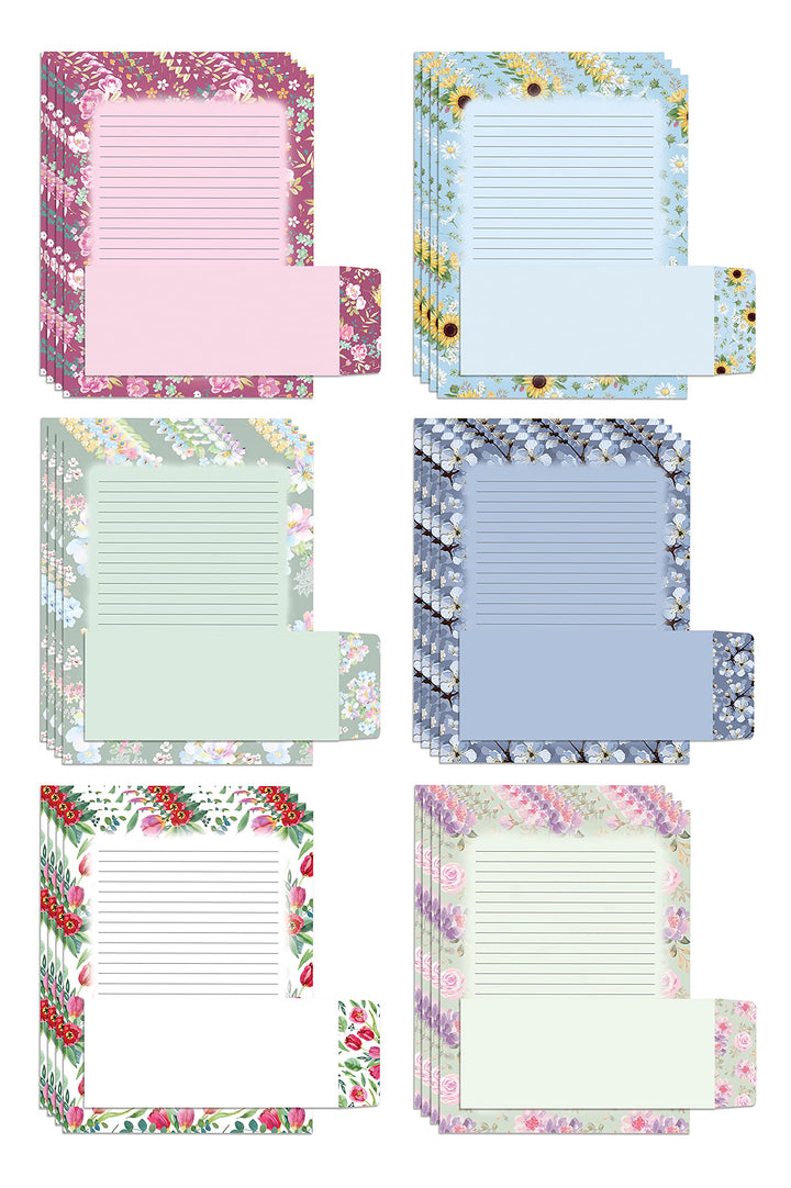 Floral Paper Stationery Set, 100 Piece Set (50 Lined Sheets + 50 Matching Envelopes), Letter Size 8.5 x 11 inch, 6 Designs, Double Sided/Lined Printing Paper,