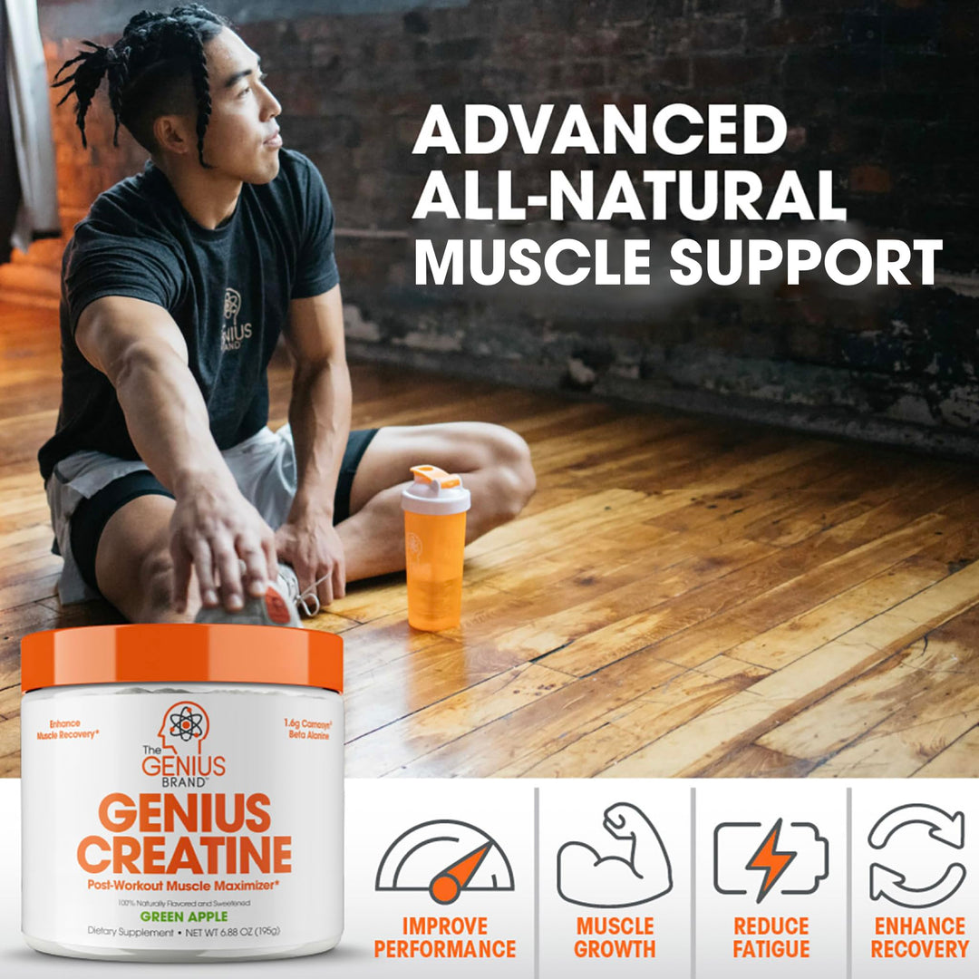 Genius Micronized Creatine Monohydrate Powder, Post Workout Supplement, Green Apple - 100% Naturally Flavored &amp; Sweetened - Supports Muscle Building, Cellular Energy &amp; Cognitive Function – 195g