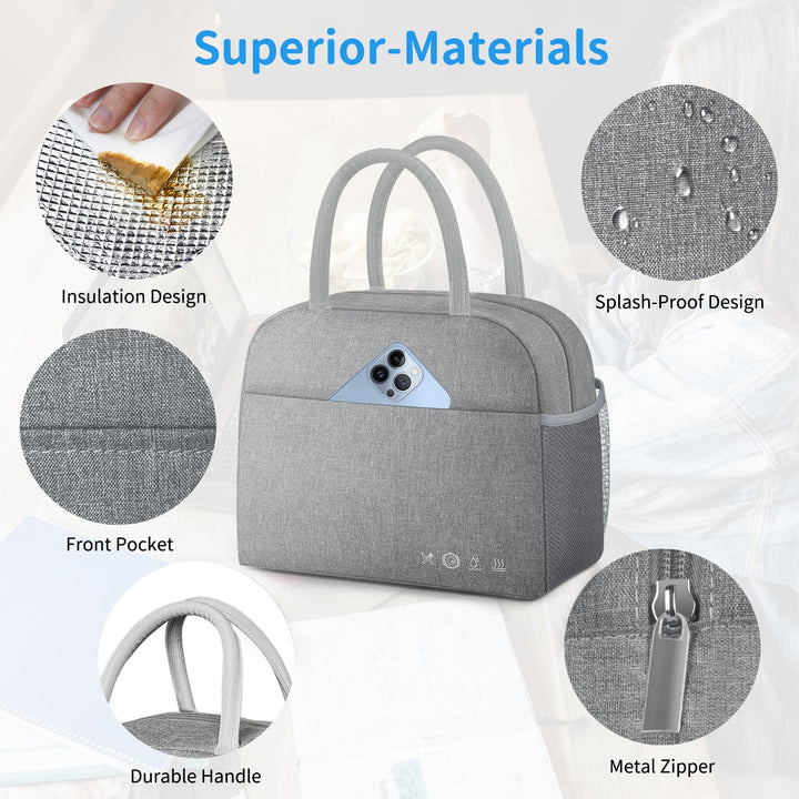 Lunch Bag Lunch Box for Women Men Reusable Insulated Lunch Tote Bag, Food Handbags Case High Capacity for Travel Work Picnic,GREY