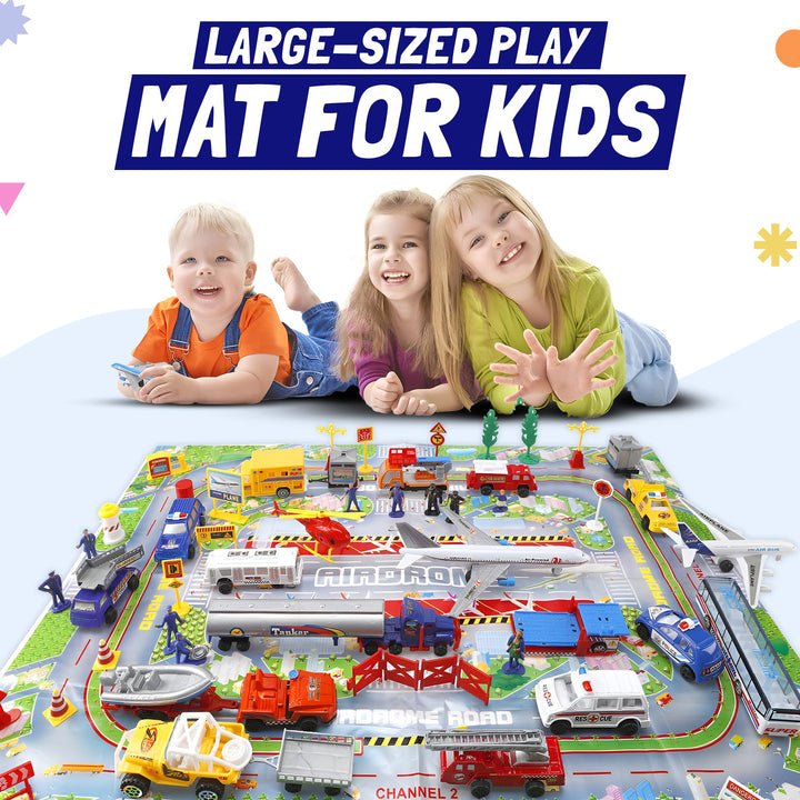 57 PCS Commercial Airport Playset with Airplane Toys, Play Vehicles, Fire Trucks, Police Cars &amp; Figures, and Accessories in Storage Bucket for Kids Imaginative Play