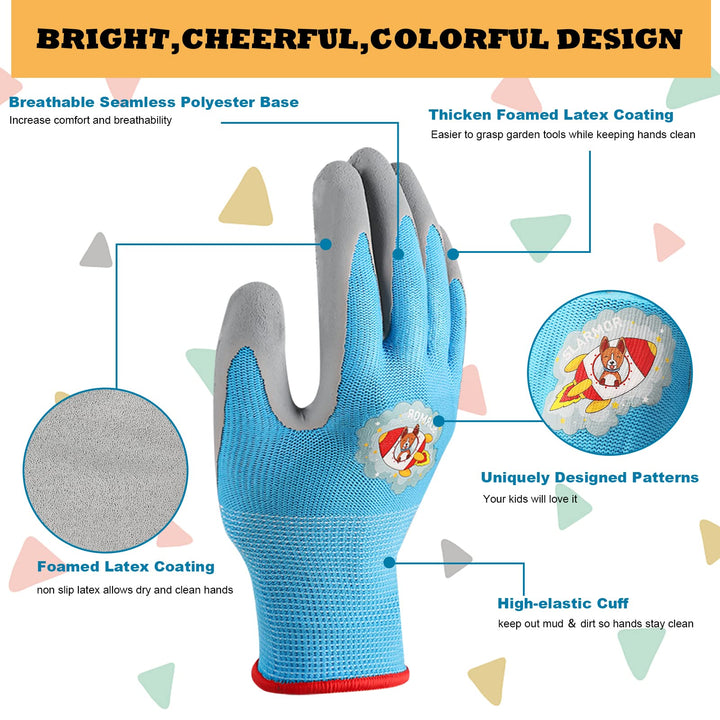 3 Pairs Kids-Gardening-Gloves for Age 3-12, 1 Pair Arm-Sleeves, Rubber-Coated Garden Yard Work-Gloves for Children Toddlers Boys &amp; Girls -XS