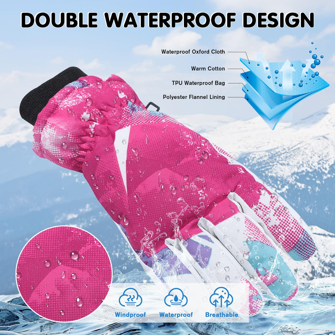 Kids Snow Gloves Warm Waterproof Gloves for Girls Boys Winter Gloves for Kids Ski Gloves Waterproof Pink 8-14 Years