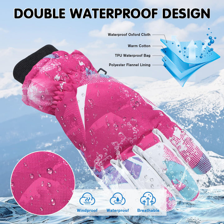 Kids Snow Gloves Warm Waterproof Gloves for Girls Boys Winter Gloves for Kids Ski Gloves Waterproof Pink 8-14 Years