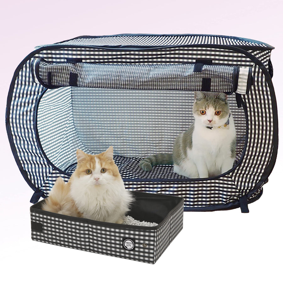 Necoichi Stress-Free Enclosure Cat Travel Carrier Cage 31.8 L x 20.0 W x 20.0 H with Litter Box Set Collapsible Gray White Stripes | Pop up Kannel, Crates
