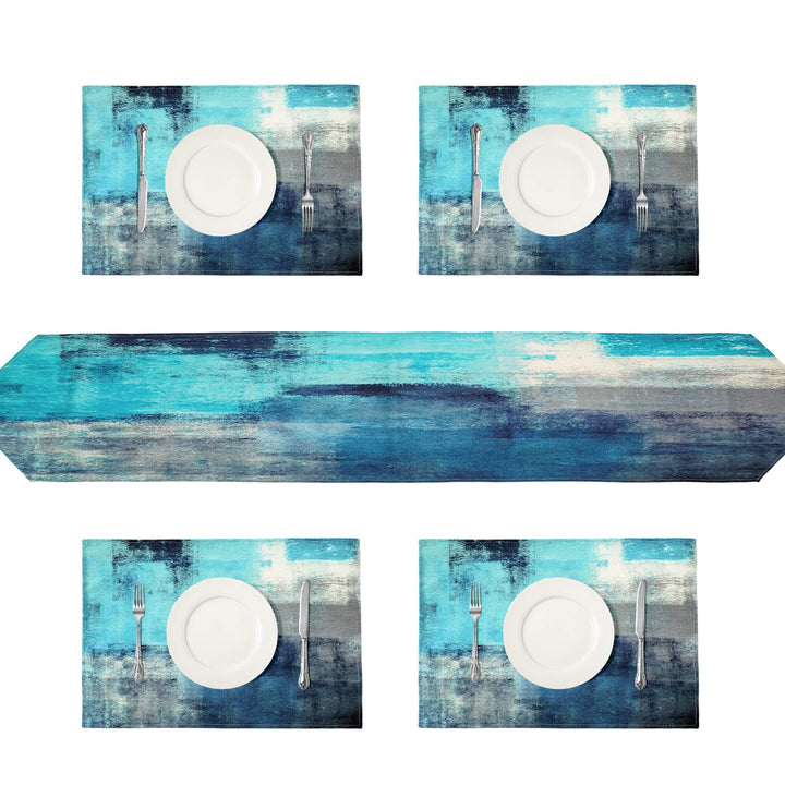 Modern Art Table Runner with 4 Placemats, Turquoise and Grey Abstract Waterproof Linen Table Runners Placemats Set for Dining Table Heat Resistant Set