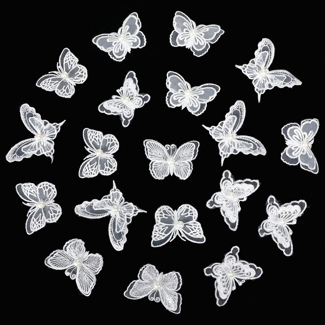 20 Pieces Lace Butterfly Applique Double Layers Butterfly Embroidered Patches Butterfly Pearl Appliques for Sewing Craft DIY Clothes Dress Hair Ornaments Wedding Decor (Stylish Style)