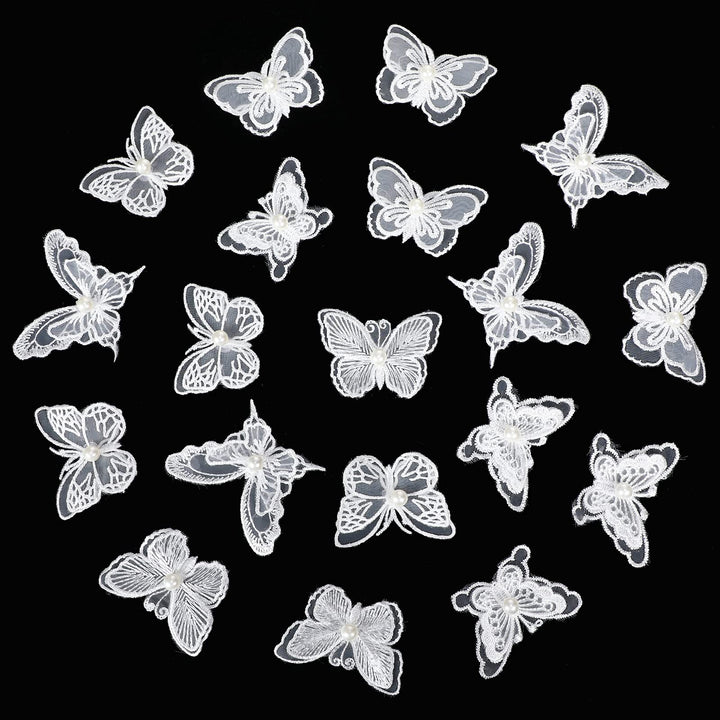20 Pieces Lace Butterfly Applique Double Layers Butterfly Embroidered Patches Butterfly Pearl Appliques for Sewing Craft DIY Clothes Dress Hair Ornaments Wedding Decor (Stylish Style)