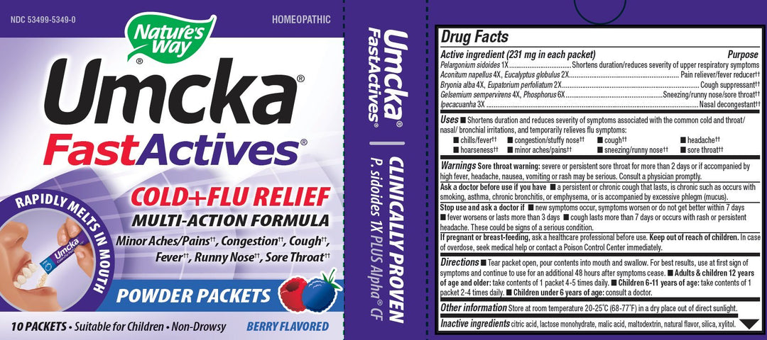 Nature&#39;s Way Umcka FastActives Cold+Flu Powder Packets, Fever††, Sore Throat, Cough, and Congestion Relief, Berry Flavored, 60 Packets