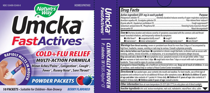 Nature&#39;s Way Umcka FastActives Cold+Flu Powder Packets, Fever††, Sore Throat, Cough, and Congestion Relief, Berry Flavored, 60 Packets