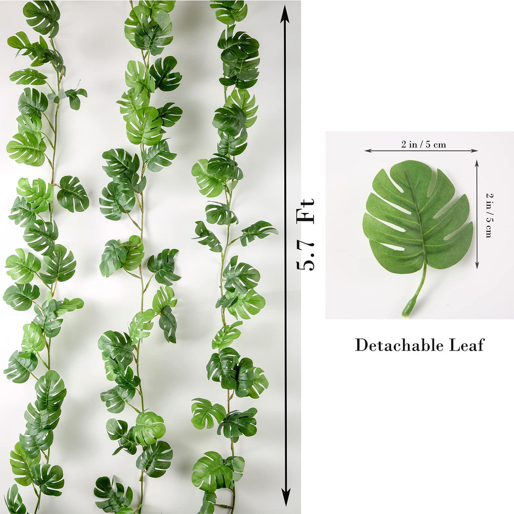 3 Pcs Artificial Monstera Leaf Vines, 5.7Ft Faux Tropical Jungle Hanging Plants Palm Safari Leaves, Faux Greenery Vines for Garden Porch Patio Beach Party Indoor Outdoor Décor