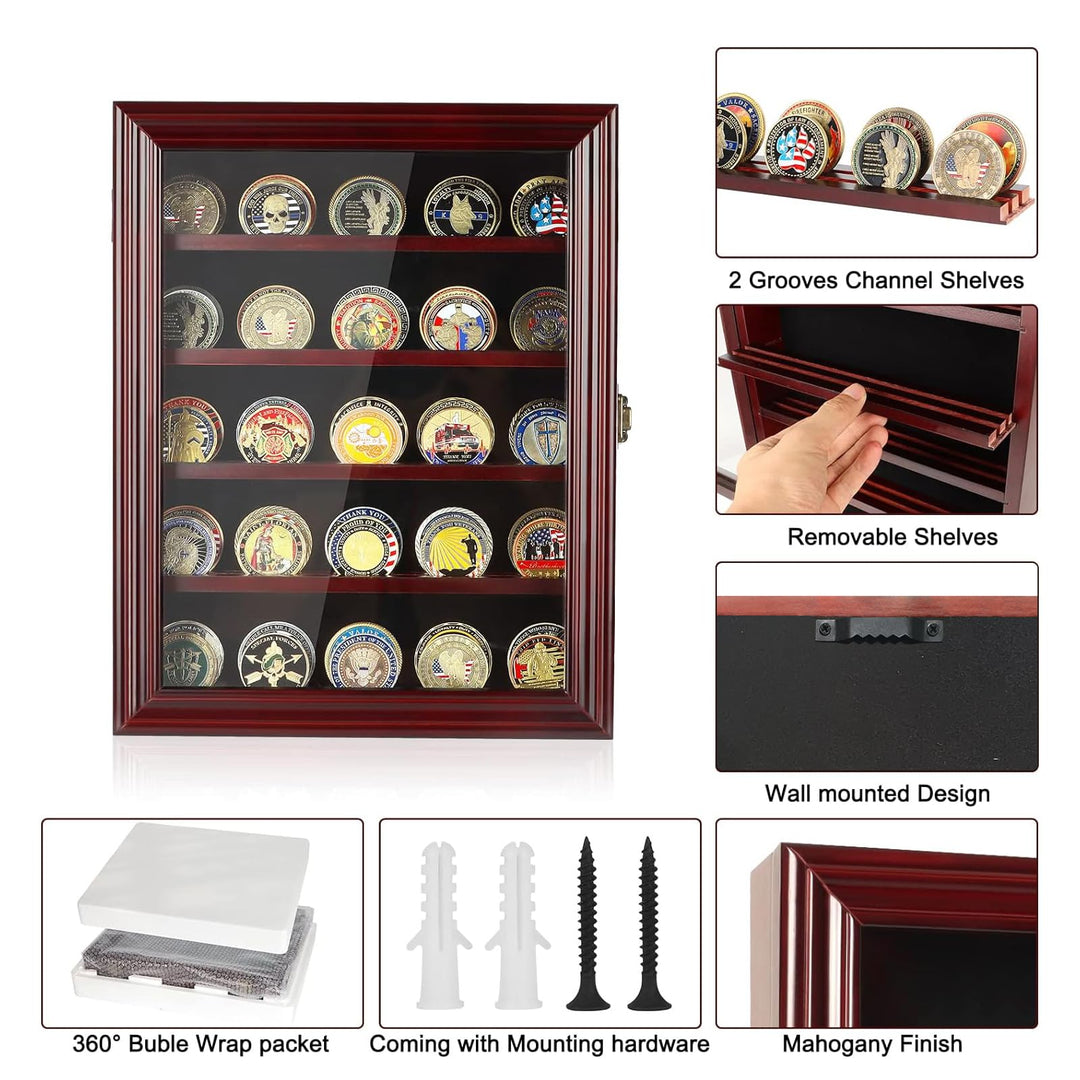 Military Challenge Coin Display Case Holder with HD Toughened Glass and Wall Mount, Wooden Coin Stand Rack with Removable 2 Grooves Shelves, Mahogany Finish…
