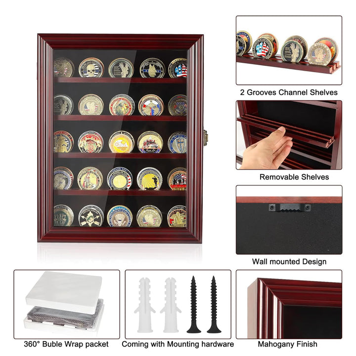 Military Challenge Coin Display Case Holder with HD Toughened Glass and Wall Mount, Wooden Coin Stand Rack with Removable 2 Grooves Shelves, Mahogany Finish…