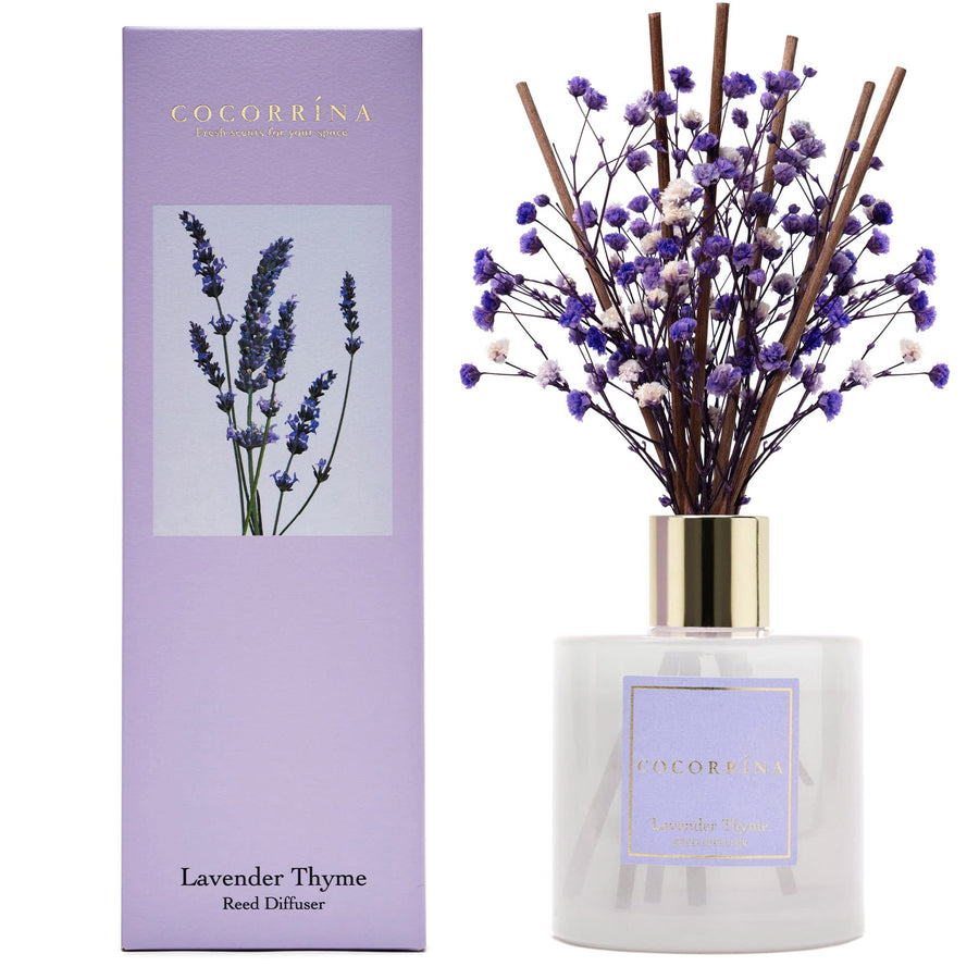 Cocorrína Premium Reed Diffuser Set with Preserved Baby's Breath & Cotton Stick Lavender Thyme | 6.7oz Scent Fragrance Lavender Oil Diffuser for Bedroom Bathroom Home Décor
