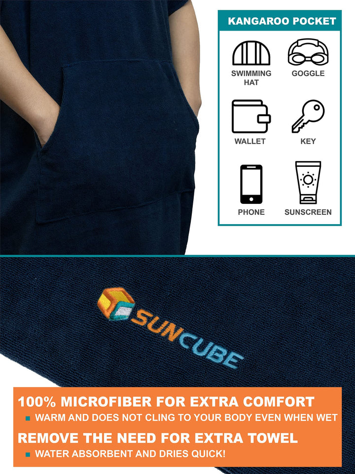 SUN CUBE Surf Poncho Changing Robe with Hood, Thick Quick Dry Microfiber Wetsuit Changing Towel for Surfing Beach Swim Outdoor Sports Men, Absorbent Wearable Towel Cover Up with Pocket, Navy Blue
