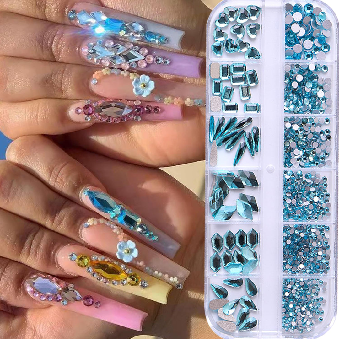 SKY Blue Rhinestones for Nails Design 810Pcs Blues Nail Art Rhinestone Beads Flatback Gems for Nail Multi 6 Shapes Nails Crystal Diamonds for Nail DIY Craft Makeup Jewelry (SKY Blue)