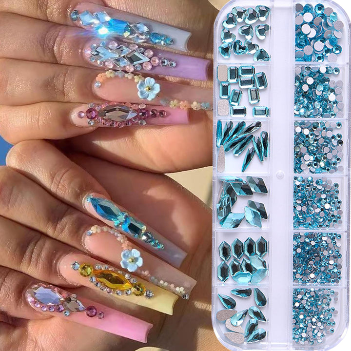 SKY Blue Rhinestones for Nails Design 810Pcs Blues Nail Art Rhinestone Beads Flatback Gems for Nail Multi 6 Shapes Nails Crystal Diamonds for Nail DIY Craft Makeup Jewelry (SKY Blue)