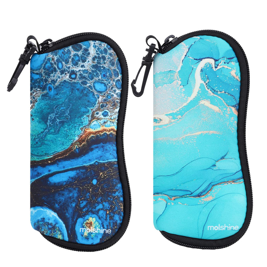 2 Pieces Soft Sunglasses Case,Neoprene Zipper Glasses Pouch,Portable Eyeglasses Bag with Hook for Women Men (Blue&Cyan)