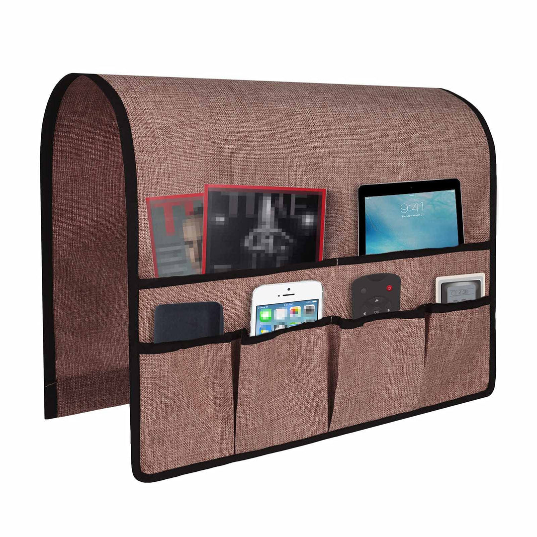 Non Slip Linen Side Sofa Armrest Organizer for Sofa Couch Recliner Remote Control Organizer Holder Armchair Sofa Caddy with 6 Pockets Storage for Magazine Book TV Remote Phone Glasses-Chocolate
