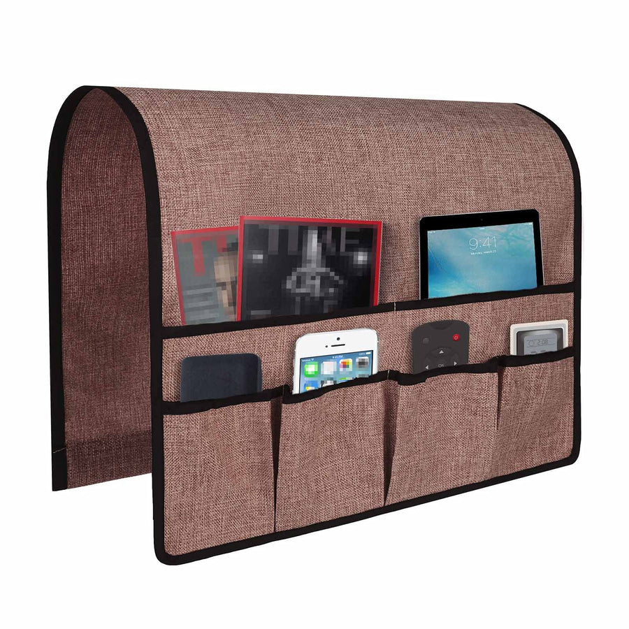 Non Slip Linen Side Sofa Armrest Organizer for Sofa Couch Recliner Remote Control Organizer Holder Armchair Sofa Caddy with 6 Pockets Storage for Magazine Book TV Remote Phone Glasses-Chocolate