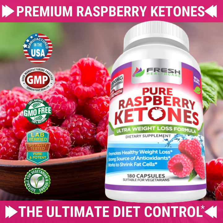 Pure 100% Raspberry Ketones Max 1000mg Per Serving - 3 Month Supply Non GMO - Advanced Weight Loss Support - 180 Capsules