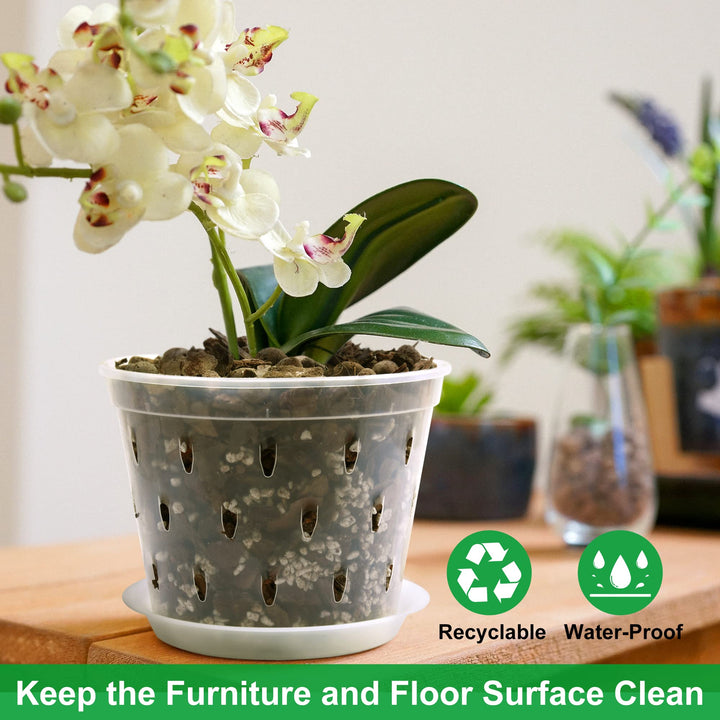 8 Pack 7 inch Orchid Pots with Holes and Saucers Clear Plastic Orchid Pots