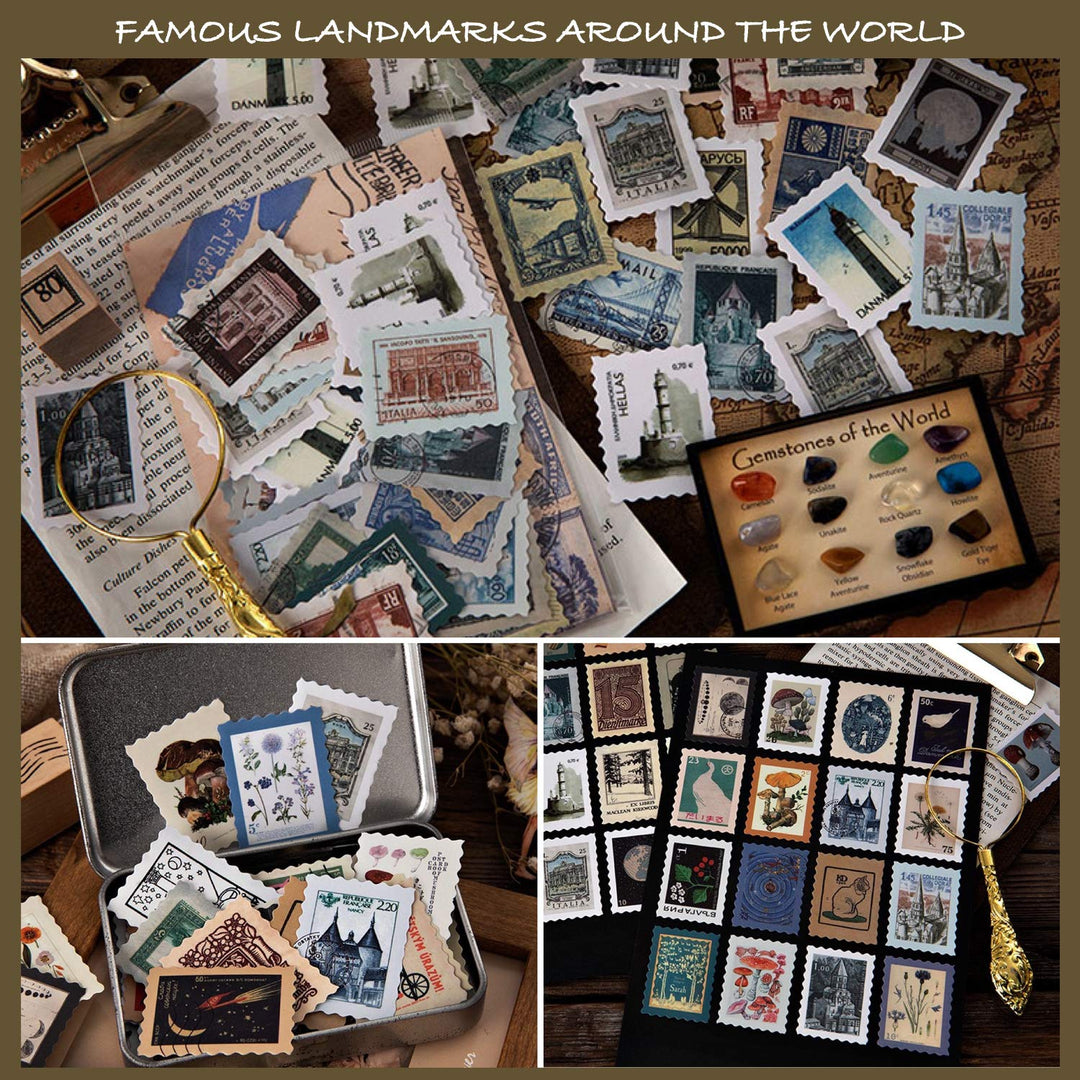 Vintage Postage Stamp Stickers Set (276 Pieces) - Botanical Deco Sticker for Scrapbooking, Bullet Journaling, Junk Journal, Planners, Bujo Travel Diary, Nature Plant Ephemera
