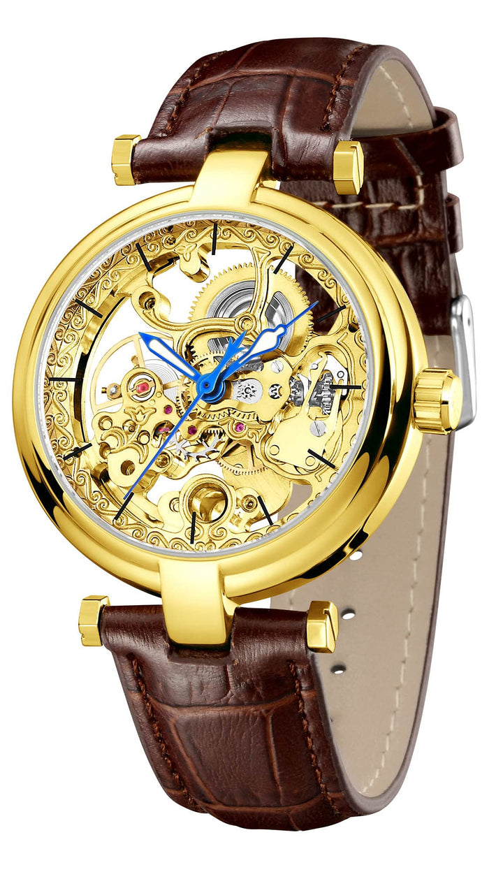 Skeleton Automatic Steampunk Watches Gold-Tone Luminous Hands Leather Strap Wrist-Watch (Gold)