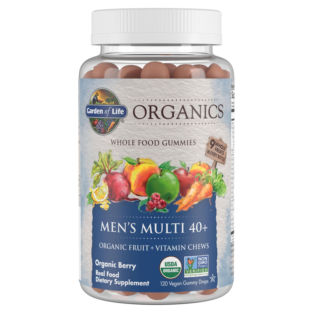 Organics Men 40+ Gummy Vitamins - Berry - Certified Organic, Non-GMO, Vegan, Kosher Complete Multi - Methyl B12, C &amp; D3 - Gluten, Soy &amp; Dairy Free, 120 Real Fruit Gummies