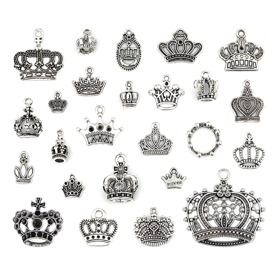 Crown Charms Pendants Beads, Vintage Silver Multistyle Crown Charm Pendant Connector for DIY Jewelry Making Accessaries Craft Supplies Bulk Lots, 25 Pcs