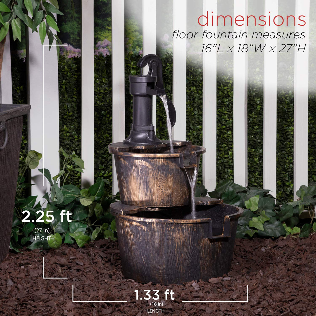 - Outdoor Rustic 2-Tiered Barrel and Pump Water Fountain – Bronze Finish, Relaxing Water Flow, Ideal for Garden, Patio, &amp; Yard Décor, 27H