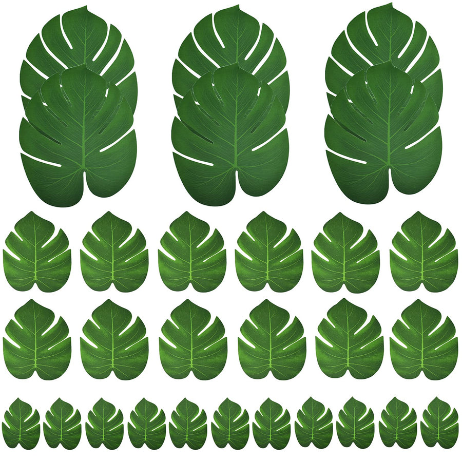 30PCS Tropical Artificial Palm Leaves Monstera Party Decoration 3 Size (Large Medium Small) for Hawaiian Luau Party Jungle Beach Theme Table Decorations