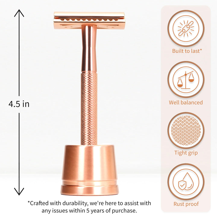 Double Edge Safety Razor with Stand, Women Razor with 5 Double Edge Safety Razor Blades, Plastic Free Metal Razor – Rose Gold