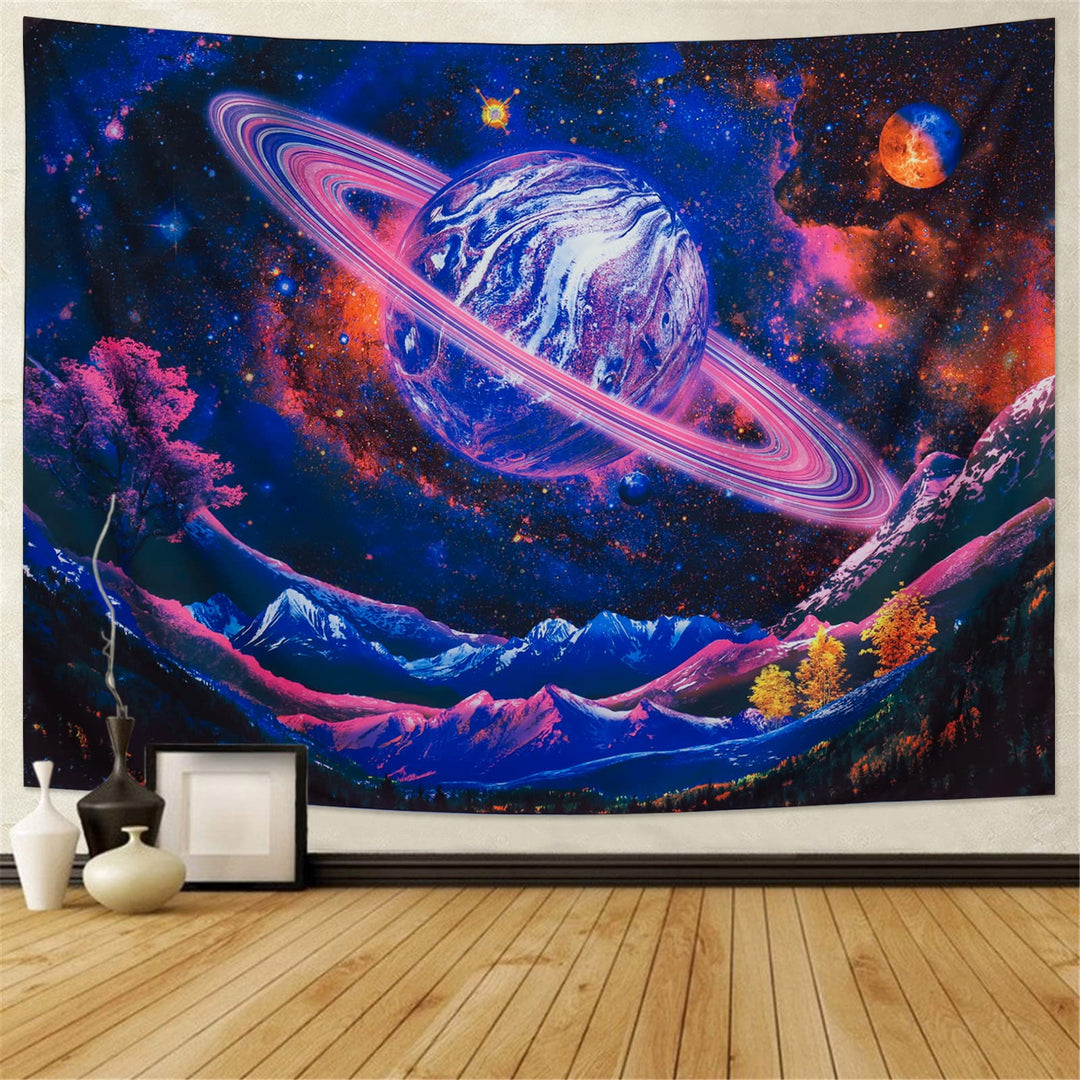 Blacklight Tapestry UV Reactive Planet Tapestry Galaxy Space Tapestry Trippy Mountain Tapestry Starry Sky Tapestry Wall Hanging for Home Decor(51.2x59.1)