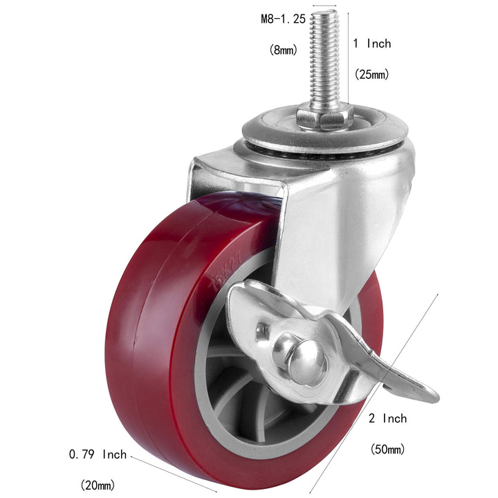 2 Inch Swivel Caster Wheels Set of 4, Locking Casters Heavy Duty Total Capacity 200lbs, Metric M8-1.25×25mm Threaded Stem PU Castors with Brake