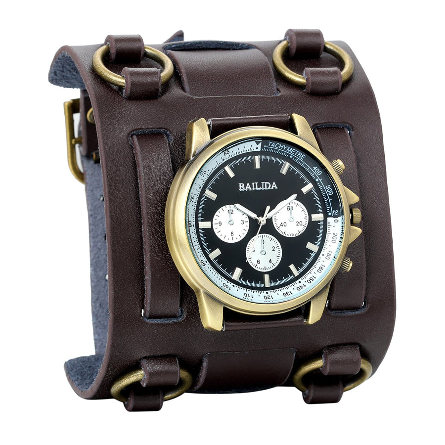 Mens Retro Steampunk Rock Black Wide Leather Bracelet Cuff Watches Big Face Round Dial Analog Quartz Sport Watch [Upgraded] Japanese Quartz Movement Watch (Brown-1)