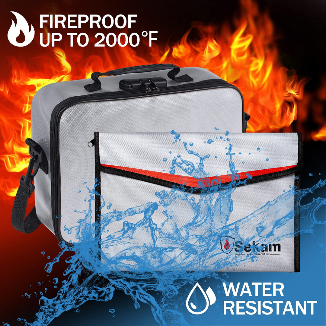 Fireproof Document Bag with Lock &amp; Fireproof Money Bag for Cash Set, Fireproof Document Safe Organizer for Travel, Fireproof File Storage Bag with Lock, Multi-Layer Portable File Organizer Gray