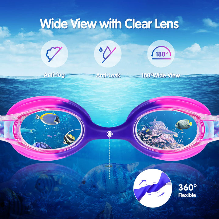 Kids Swim Goggles, 2 Pack Portable Swimming Goggles No Leaking Anti Fog Kids Goggles for Boys Girls(Age 6-14), Blue &amp; Purple Pink