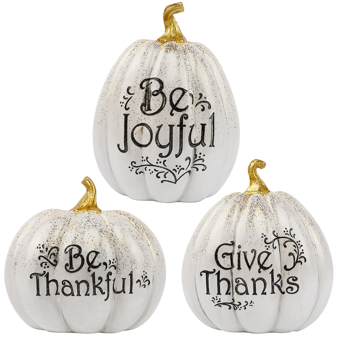 Thanksgiving Tabletop Decorations, Set of 3 Resin Pumpkins Seasonal Fall Autumn Centerpieces for Table Room Kitchen Office (White)