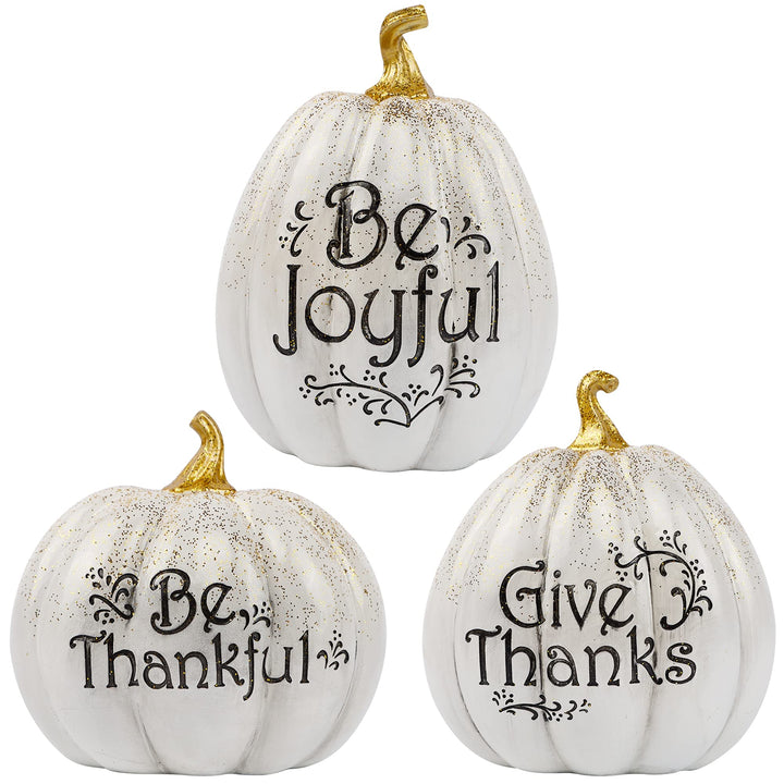 Thanksgiving Tabletop Decorations, Set of 3 Resin Pumpkins Seasonal Fall Autumn Centerpieces for Table Room Kitchen Office (White)