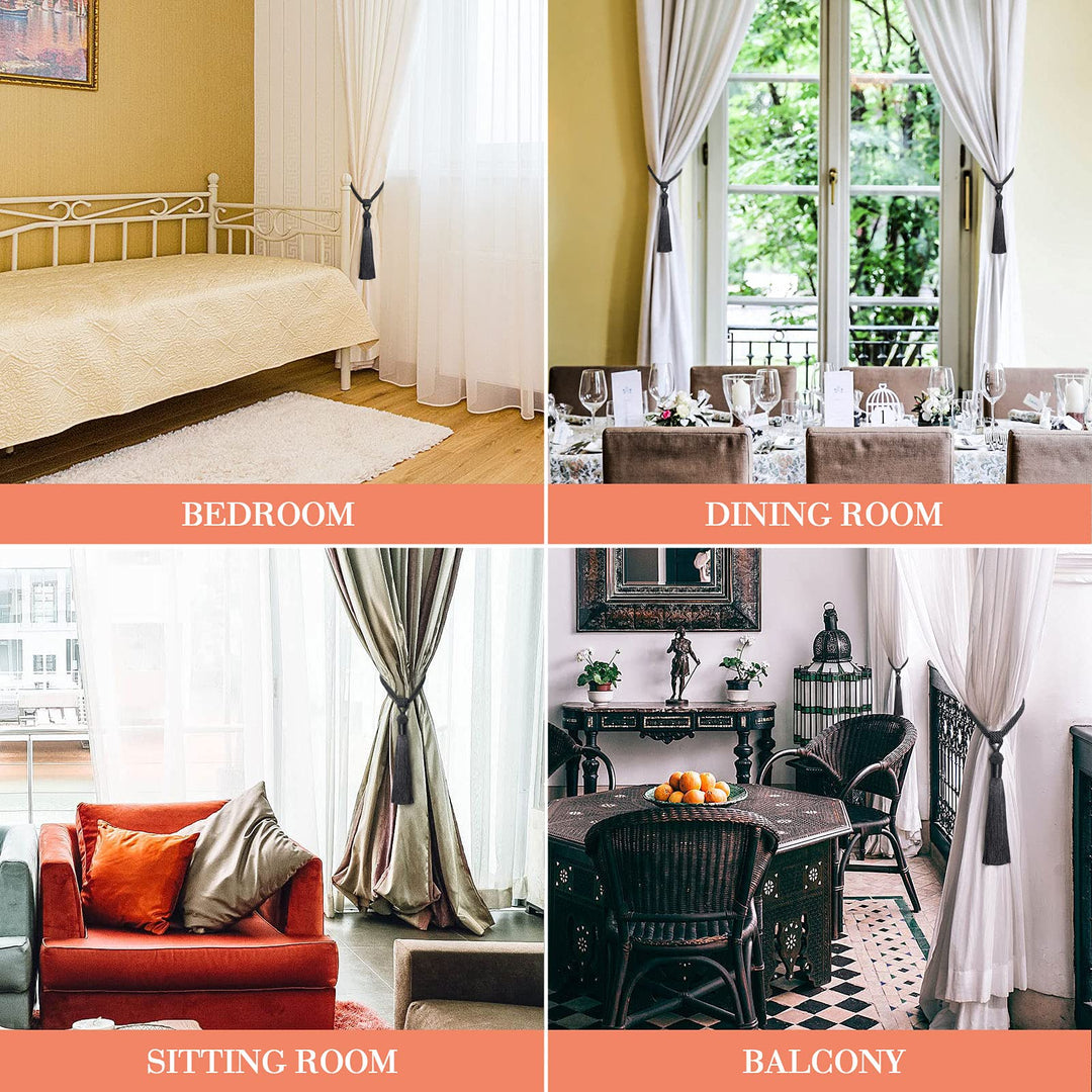 2 Pack Long Tassel Curtain Tiebacks Handmade Braided Rope Knot Drape Tie Backs European Style Decorative Curtain Holdbacks for Home &amp; Office Window Drapery (Black)