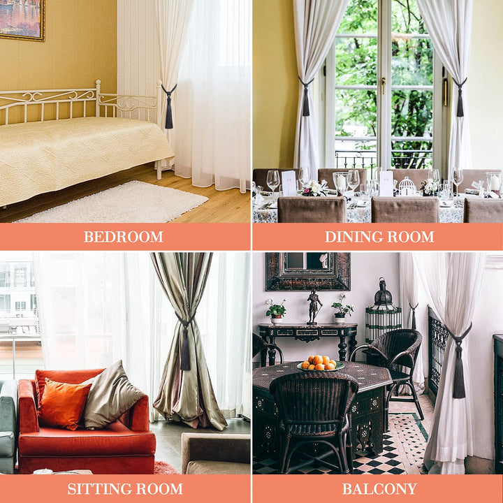 2 Pack Long Tassel Curtain Tiebacks Handmade Braided Rope Knot Drape Tie Backs European Style Decorative Curtain Holdbacks for Home &amp; Office Window Drapery (Black)