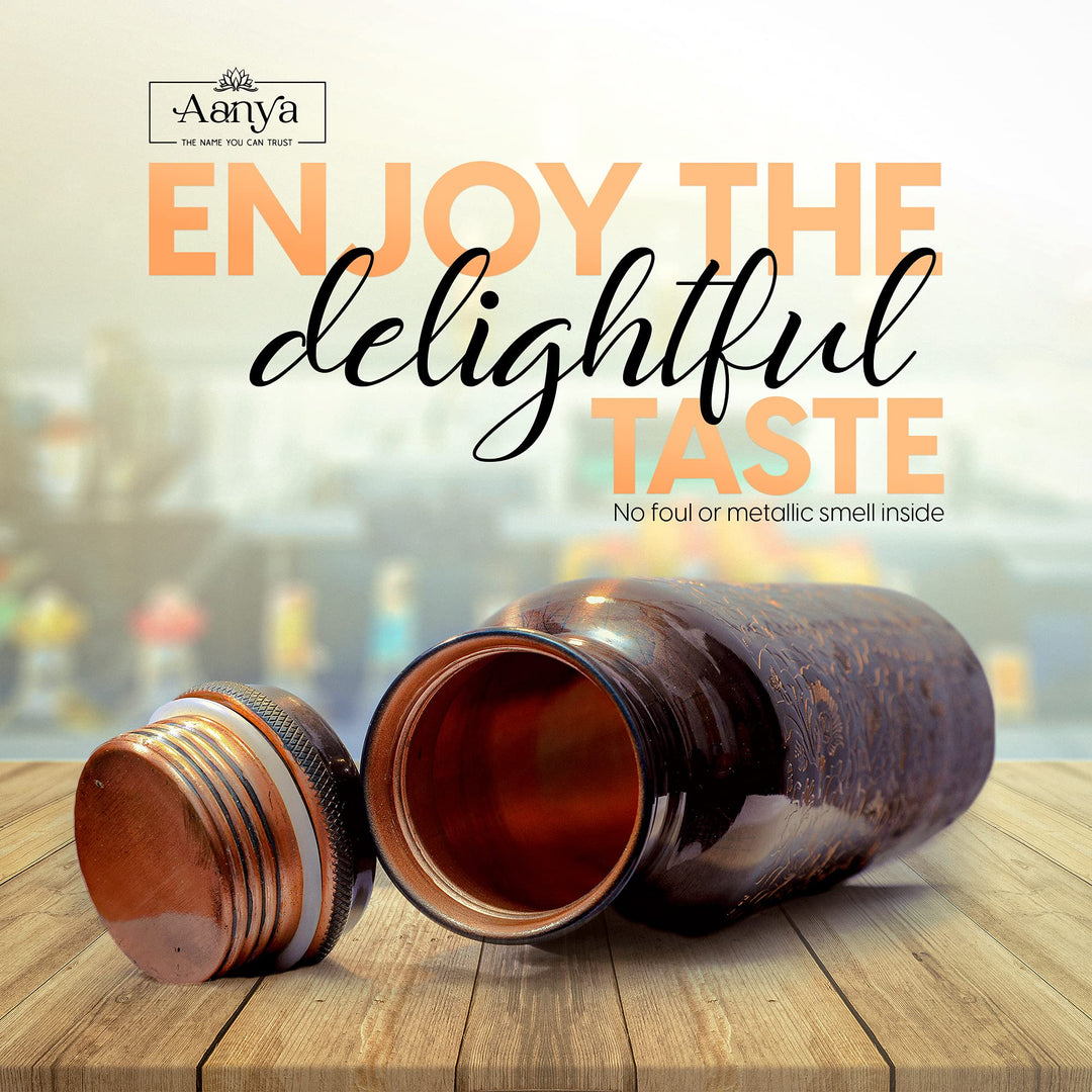 Pure Copper Water Bottle - 32 Oz Ayurvedic Copper Vessel with Engraved Design &amp; Smooth Finish - Premium Copper Flask with Leak Proof Design &amp; Silicone Ring Cap (Black &amp; Brown Shade)