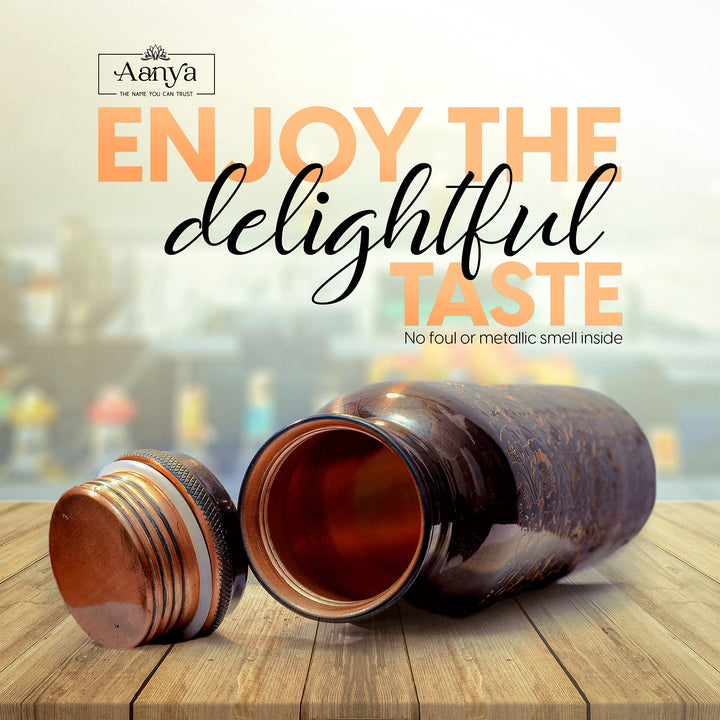 Pure Copper Water Bottle - 32 Oz Ayurvedic Copper Vessel with Engraved Design &amp; Smooth Finish - Premium Copper Flask with Leak Proof Design &amp; Silicone Ring Cap (Black &amp; Brown Shade)