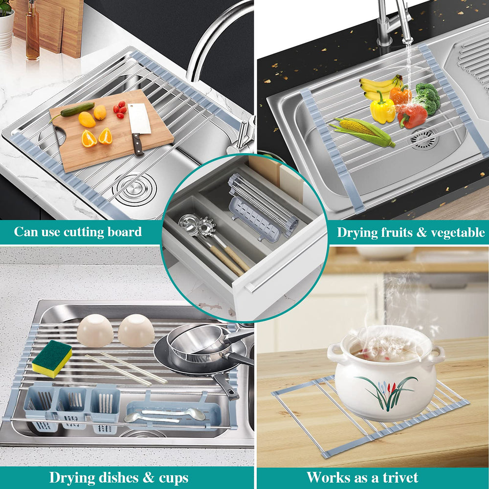 Roll Up Dish Drying Rack, 23'' Stretchable Roll up Sink Rack,with 2 Storage Baskets, Foldable Stainless Steel Dish Drainer for Kitchen Sink,for Kitchen Dishes,Fruits,Forks