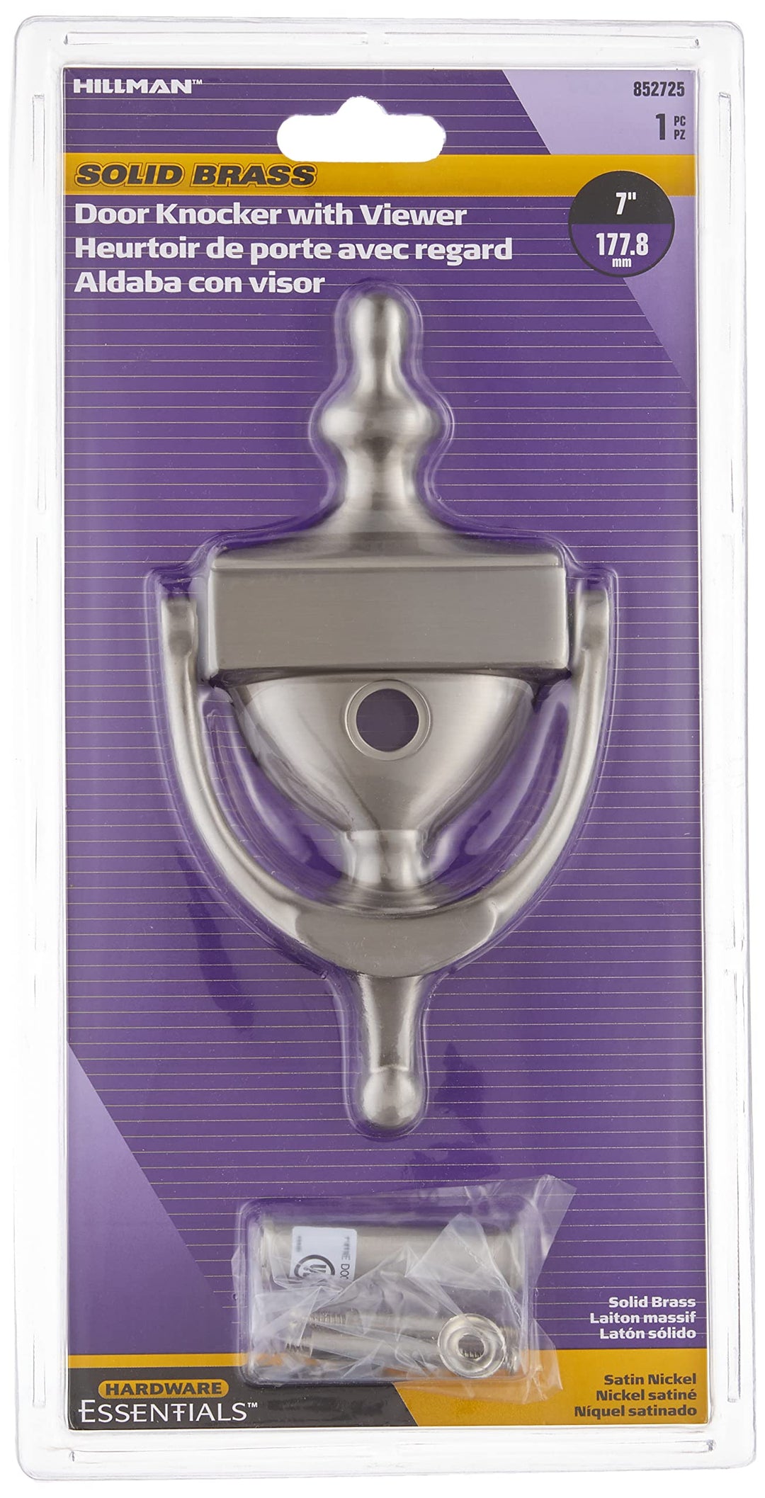 Hillman 852725 Satin Door Knocker, 7, Nickel with Viewer