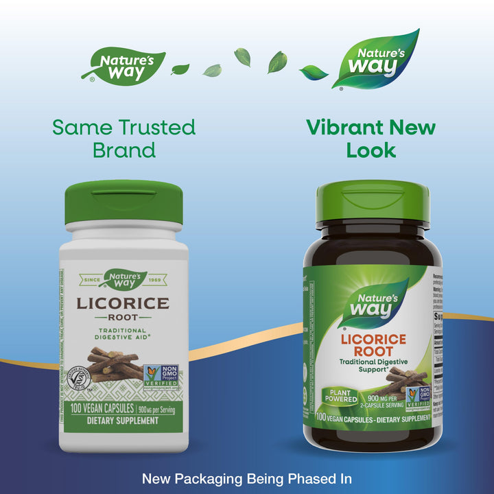 Nature&#39;s Way Licorice Root, Traditional Digestive Support Supplement*, 900 mg per 2-Capsule Serving, Non-GMO Project Verified, 100 Vegan Capsules (Packaging May Vary)