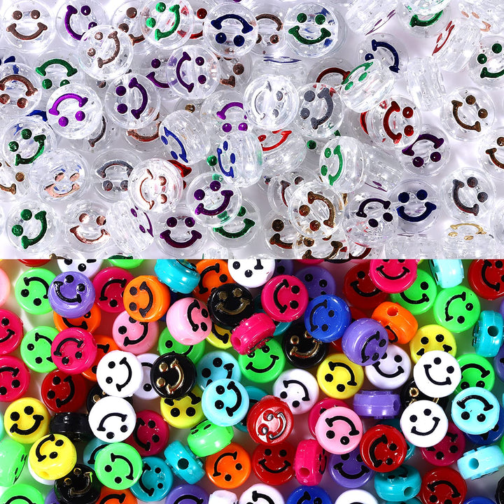 120PCS Happy Face Beads Colorful Flower Polymer Clay Happy Face Beads Vinyl Resin Acrylic Loose Spacer Beads for Bracelet Necklace Earring Jewelry Making Supplies with Elastic String