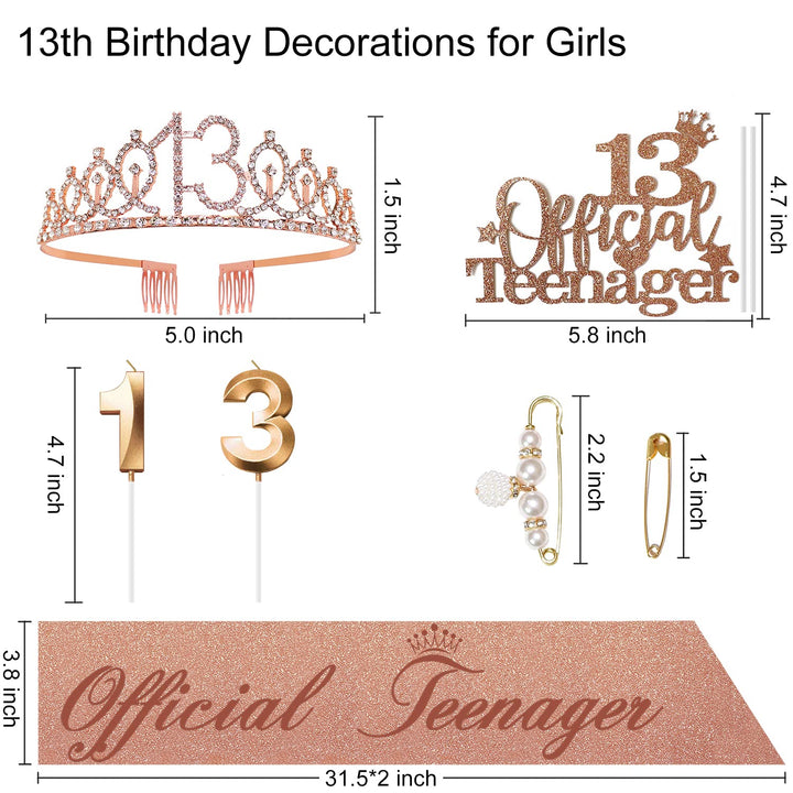 13th Birthday Decorations for Girls - Includes 13th Birthday Sash, 13 Tiara Crown, 13th Cake Topper, Birthday Candles, Pins - Official Teenager 13 Birthday Gifts Decorations Party Supplies for Girls