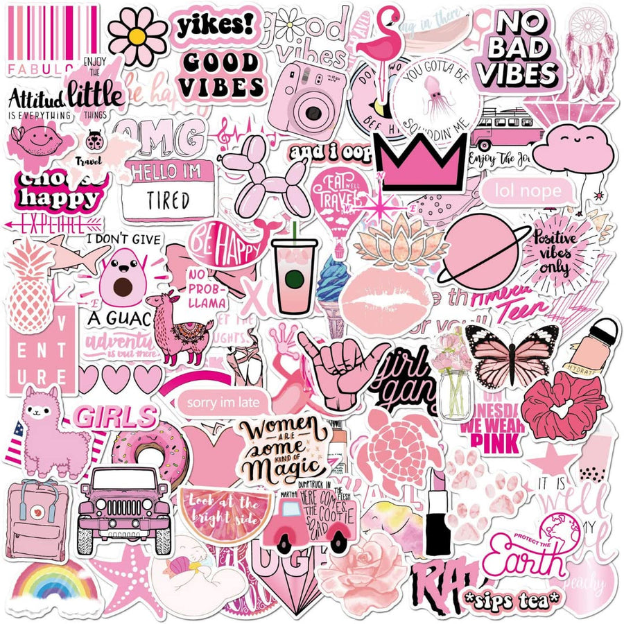 100pcs Preppy Stickers Pink Cute Vinyl Aesthetic Water Bottle Stickers Waterproof 100 Sticker Pack for Laptop Water Bottles Computer Phone Stickers for Kids Teen Girls Stocking Stuffer Gift